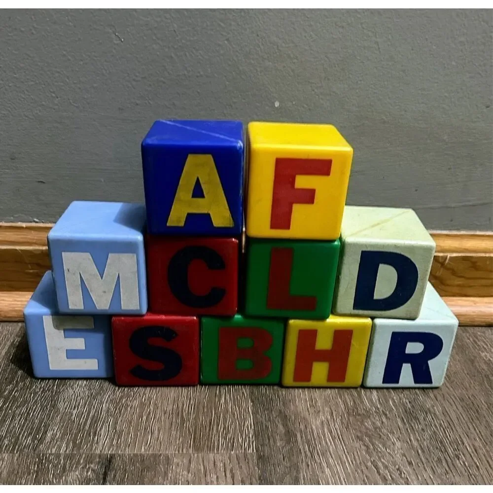 Vintage Plastic Rattle Blocks Multi Colored 2.5” Lot 11 Animals Letters Crafts